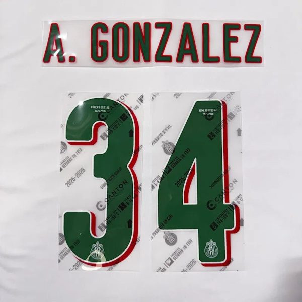 Chivas 2025/26 Away A. GONZALEZ #34 Official Name Set